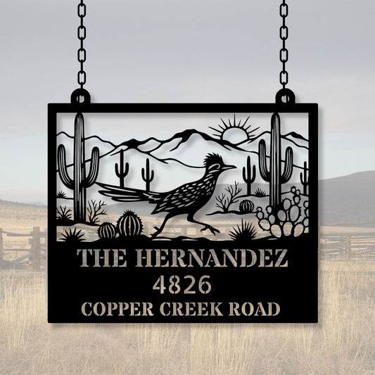 Custom Roadrunner Address Sign, Personalized Metal House Number Sign, Southwest Decor