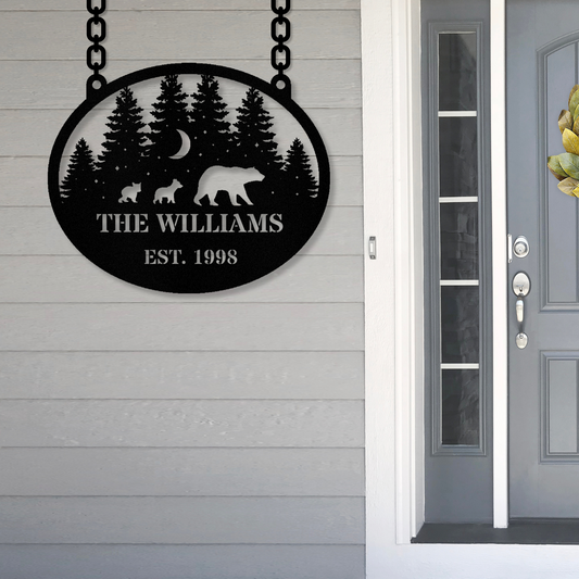 Personalized Bear Cubs Hanging Metal Sign, Housewarming Gift, Cabin Metal Sign, Wedding Gift, Last Name Sign, Bear over Gift, Established Sign, Large Metal Wall Art