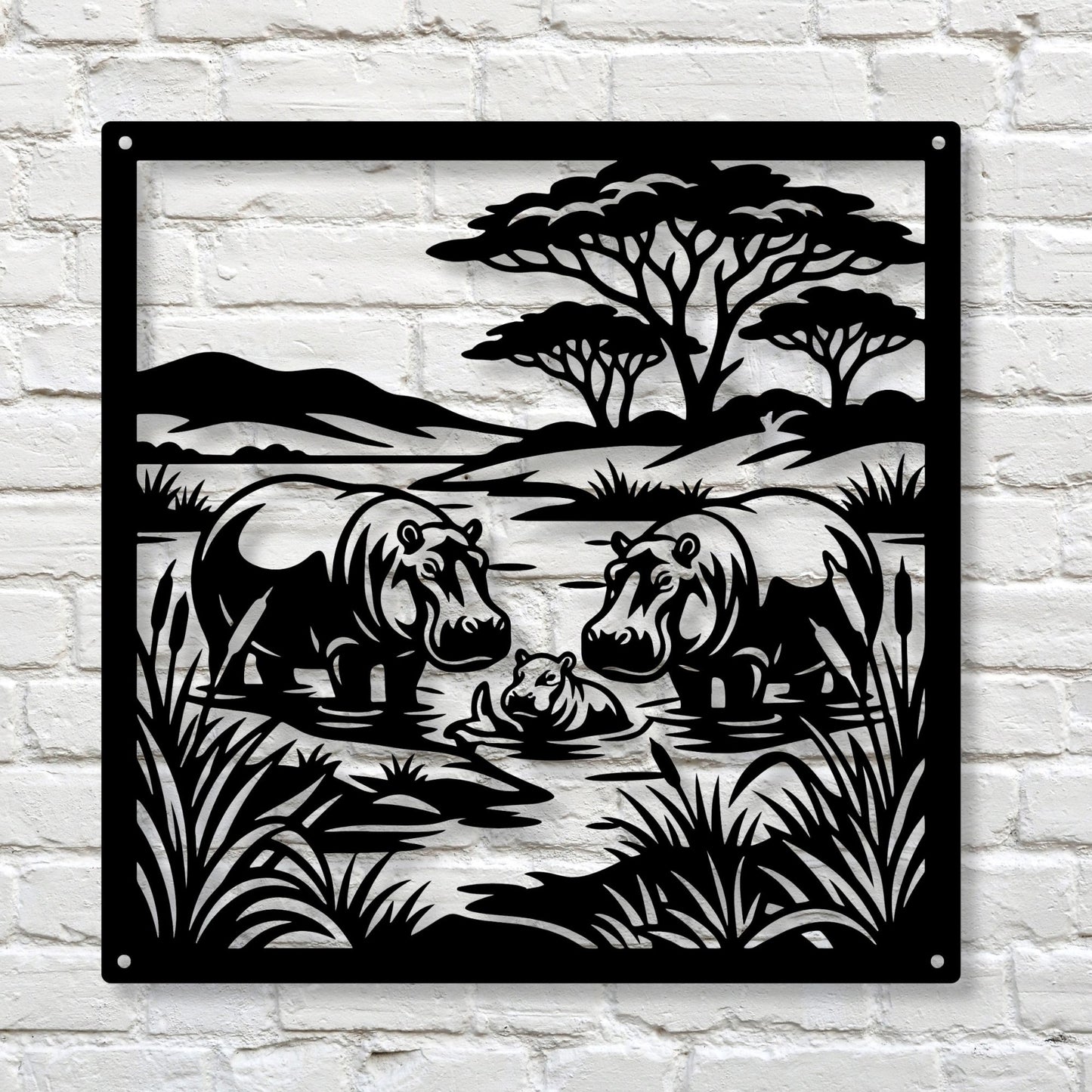 Savannah Hippo Metal Art, African Safari Wall Decor, Hippopotamus Silhouette Sign, Housewarming Gift for Wildlife Lovers, Serengeti River Scene