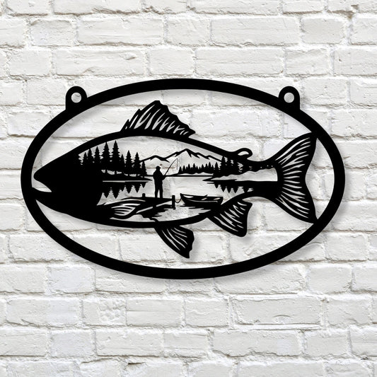 Hanging Fishing Metal Art, Lake House Wall Decor, Custom Fisherman Gift, Cabin Sign with Hooks, Rustic Outdoor Wall Hanging, Fishing Lodge Decor