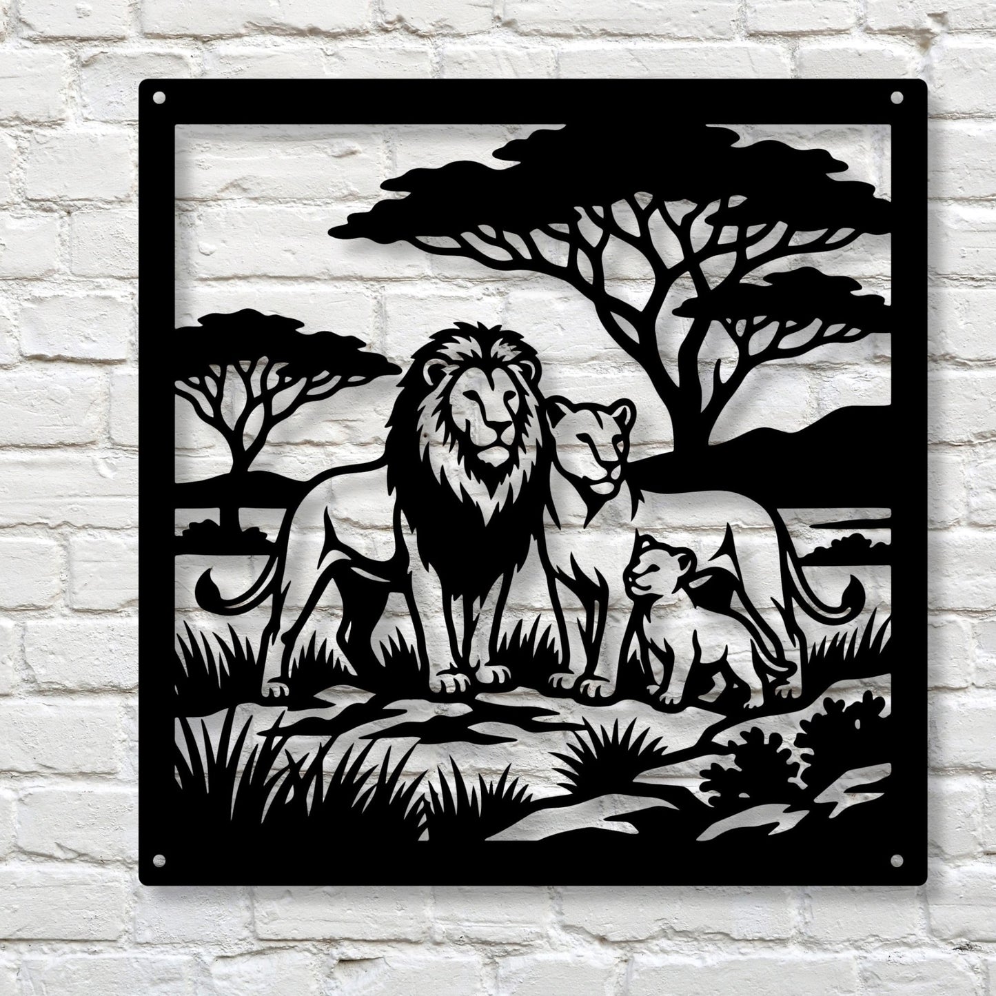 Majestic Lion Metal Wall Art | African Safari Silhouette | Lioness and Cubs Metal Sign | Modern Living Room Decor | Masculine Gift Idea