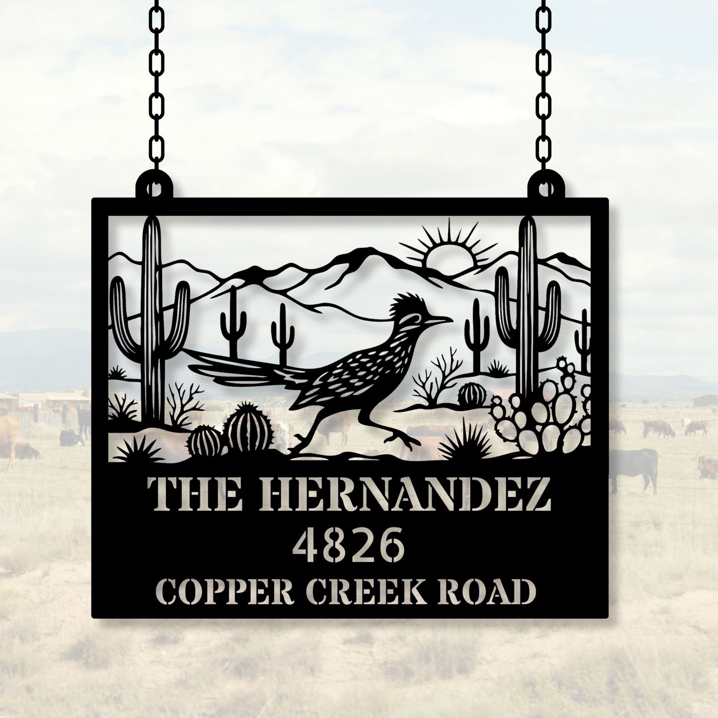 Custom Roadrunner Address Sign, Personalized Metal House Number Sign, Southwest Decor