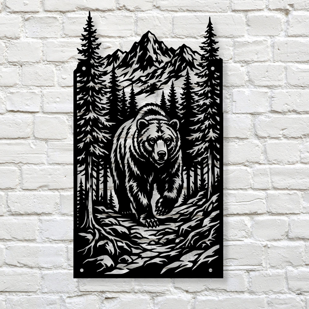 Rustic Grizzly Bear Metal Wall Decor, Mountain Forest Landscape Sign, Outdoor Cabin Metal Art, Nature Inspired Home Decor