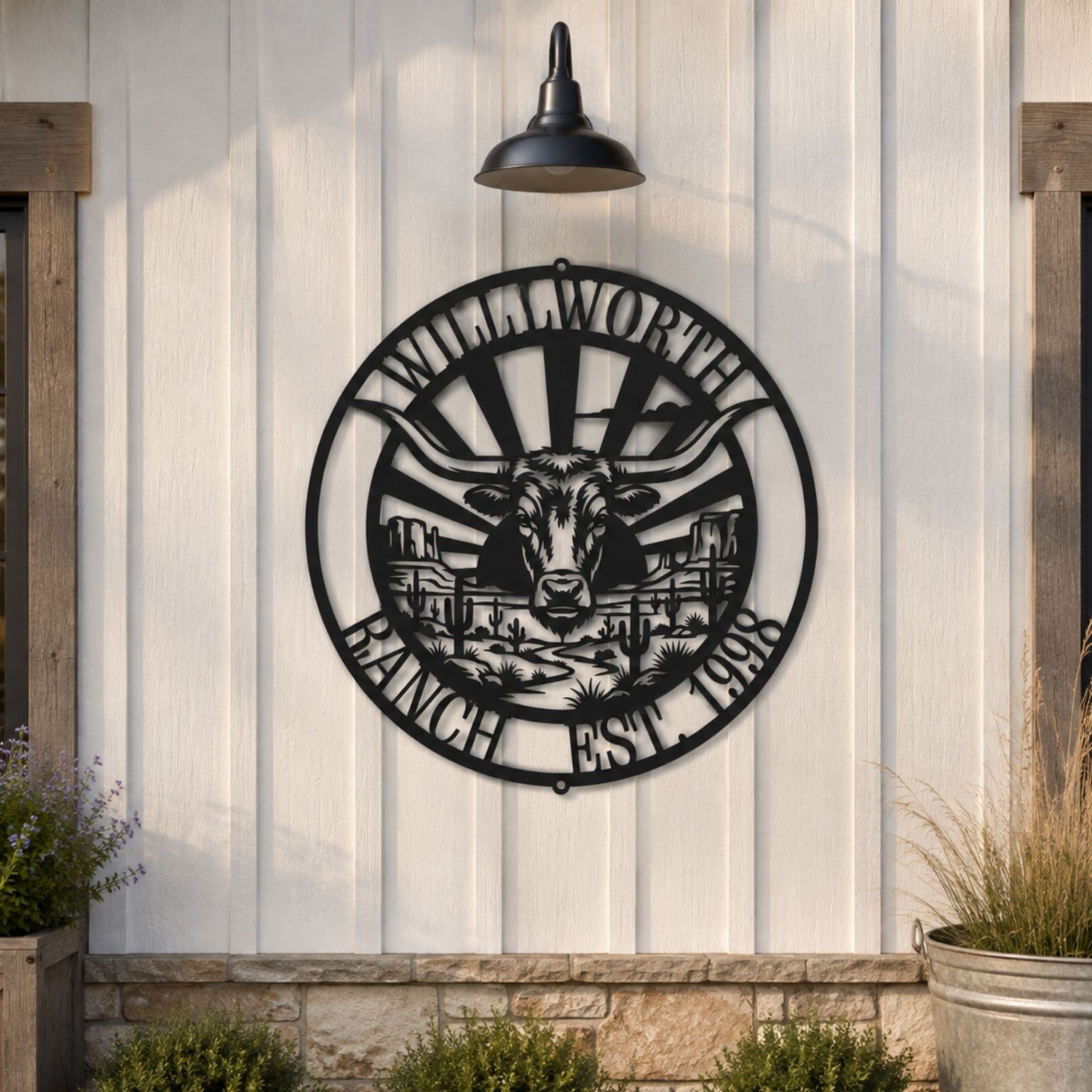Personalized Longhorn Ranch Custom Metal Wall Art, Steel Ranch Sign, Rustic Western Decor, Outdoor Gate Monogram, Custom Farmhouse Gift