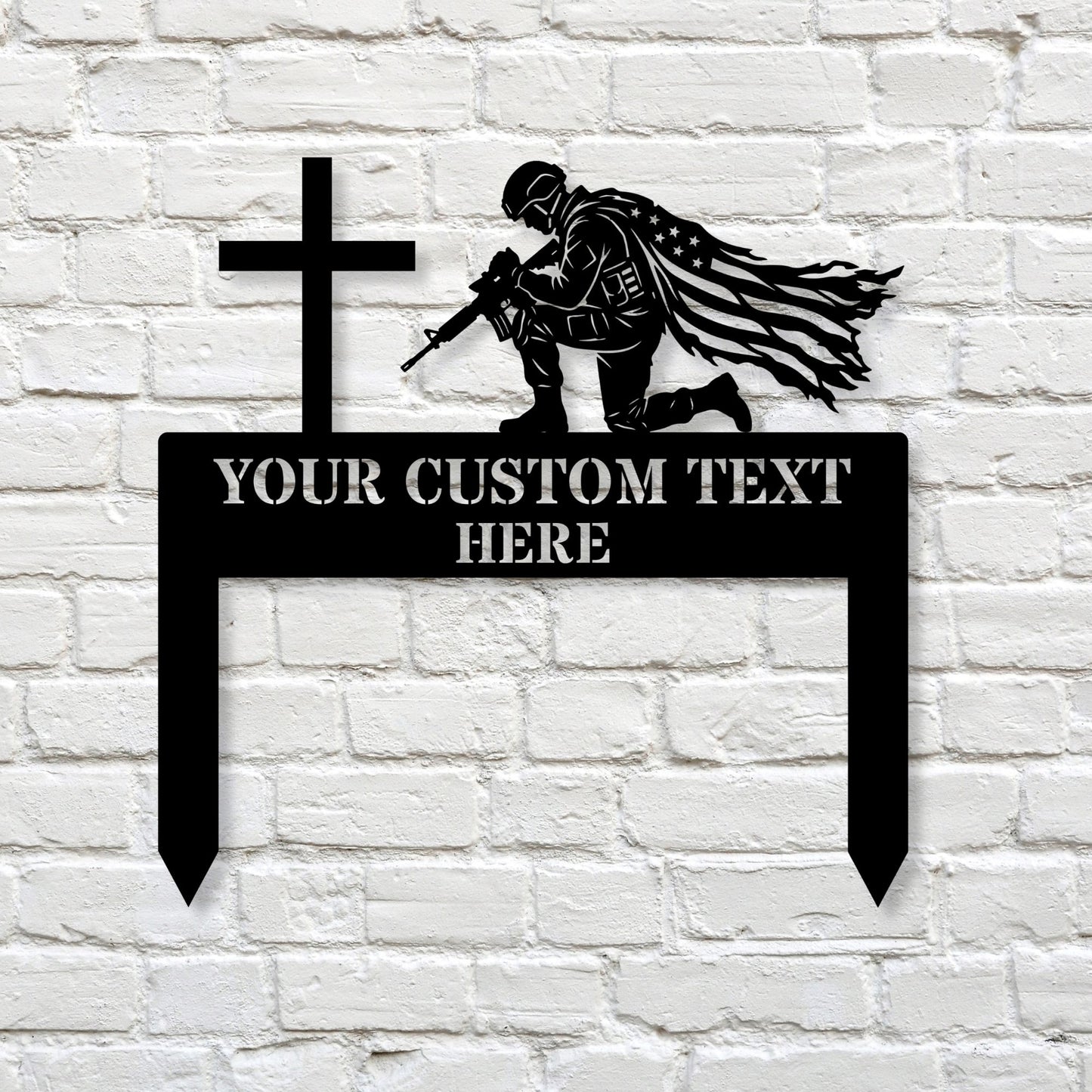 Personalized Military Tribute Metal Wall Art with Cross and Soldier Silhouette, Custom Military Tribute Metal Stake, Kneeling Soldier Memorial, Cross Weatherproof Outdoor Cemetery Grave Marker, Veteran Remembrance Gift