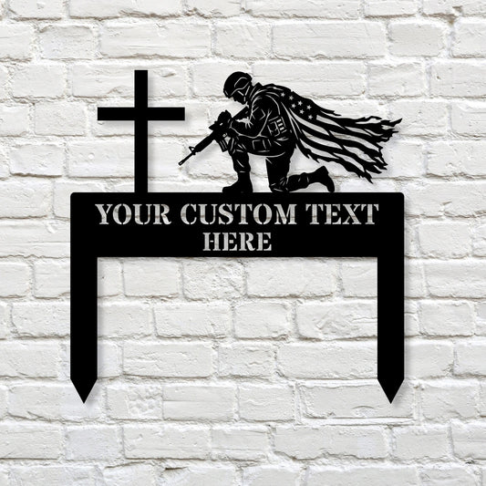 Personalized Military Tribute Metal Wall Art with Cross and Soldier Silhouette, Custom Military Tribute Metal Stake, Kneeling Soldier Memorial, Cross Weatherproof Outdoor Cemetery Grave Marker, Veteran Remembrance Gift