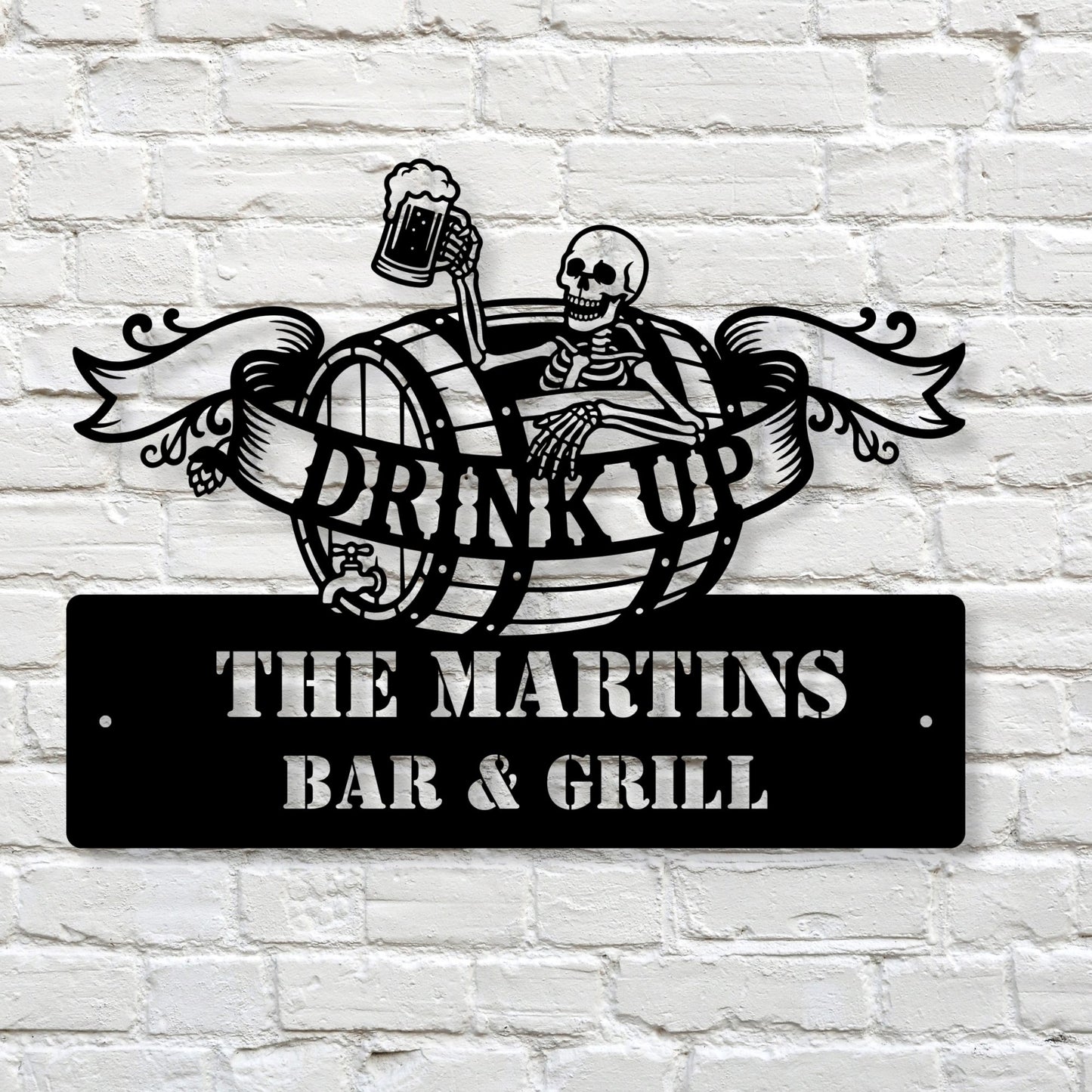 Personalized Beer Barrel Skeleton Metal Wall Art Sign | Custom Metal Bar Sign | Skeleton Drinking Decor | Outdoor Patio Bar Sign | Man Cave Wall Art Gift