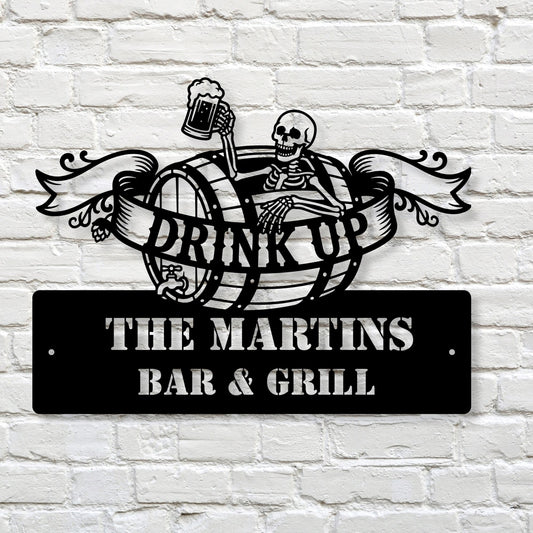Personalized Beer Barrel Skeleton Metal Wall Art Sign | Custom Metal Bar Sign | Skeleton Drinking Decor | Outdoor Patio Bar Sign | Man Cave Wall Art Gift