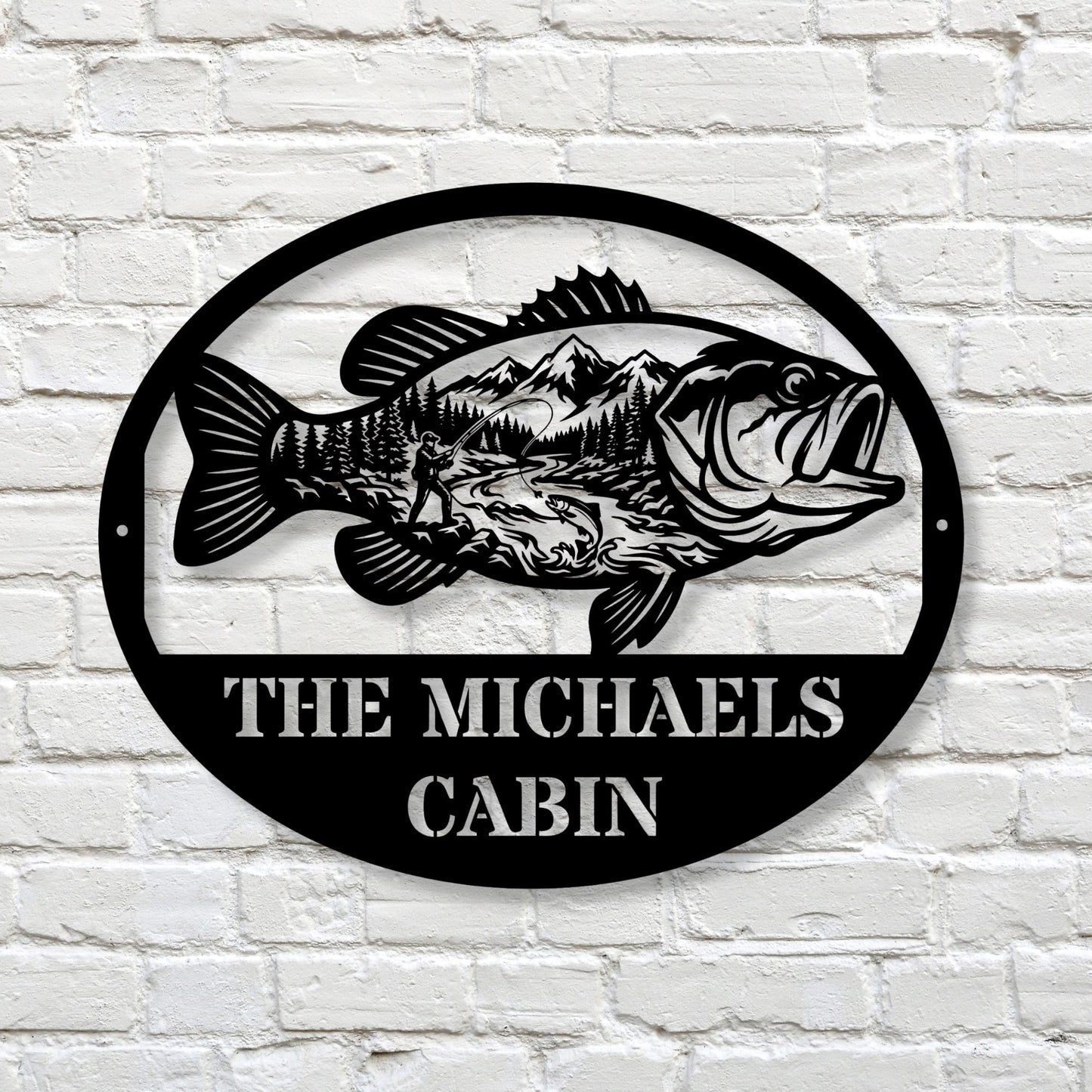 Personalized Fish Metal Wall Art Mountain Landscape Decor, Custom Family Name Sign, Lake House Decor, Fisherman Gift, Cabin Metal Sign