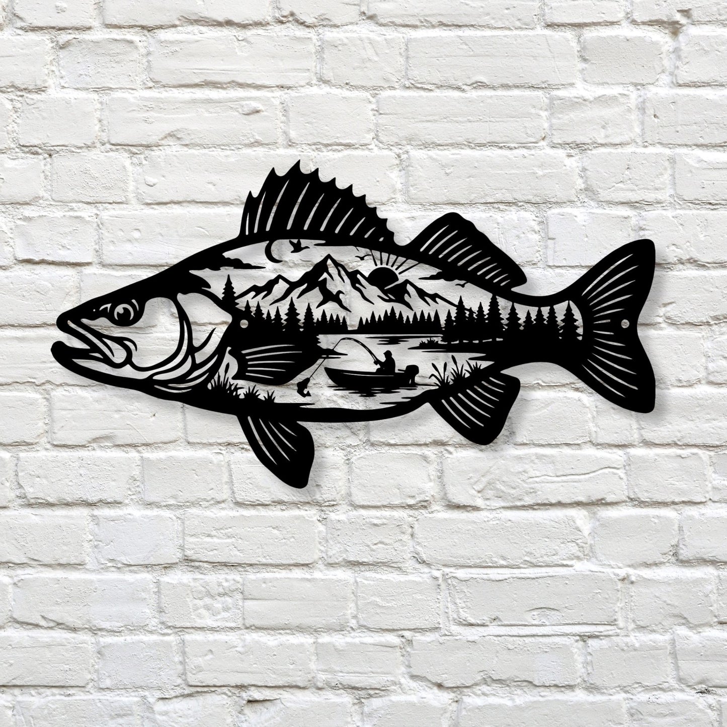 Metal Fish Wall Art Mountain Scene, Fisherman Gift for Men, Lake House Decor, Bass Metal Sign, Cabin Wall Art, Outdoorsman Gift for Dad