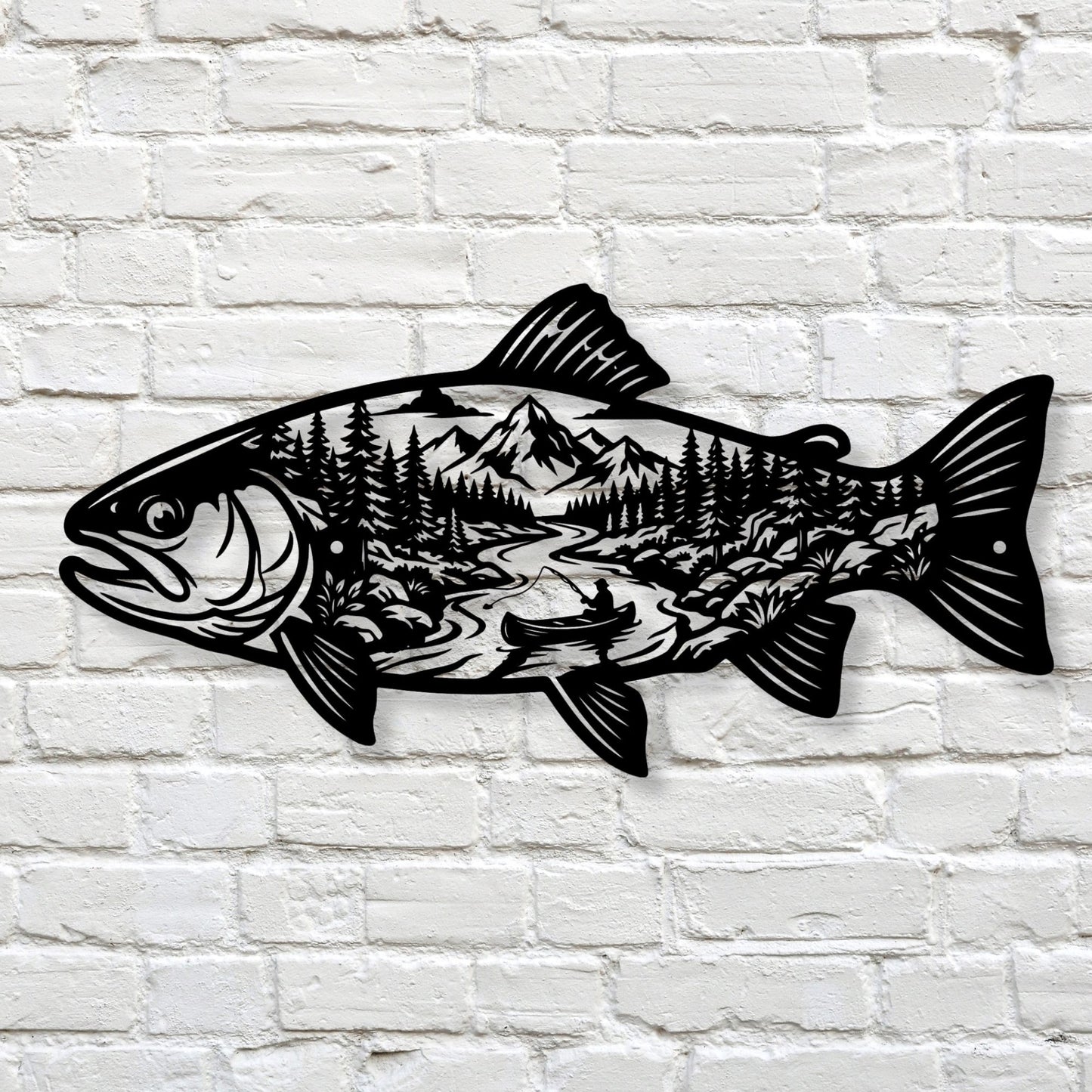 Fish Metal Wall Art Mountain Landscape Decor, Lake House Signs, Fisherman Gift, Cabin Wall Decor, Outdoor Nature Metal Signs, River Art