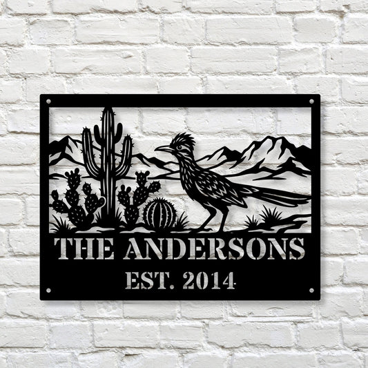 Personalized Roadrunner Metal Sign, Custom Desert Name Sign, Est Date Monogram, Outdoor Cabin Sign, Southwestern Front Porch Decor, Gift