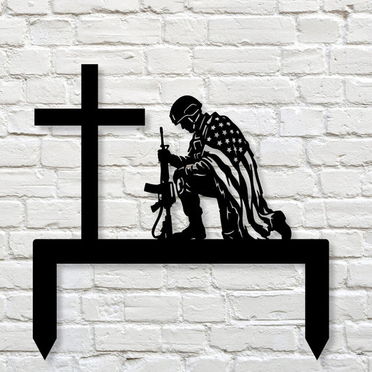 Personalized Soldier Metal Stake, Memorial American Flag Silhouette Cross, Custom Military Grave Marker, Patriotic Yard Art Remembrance Gift