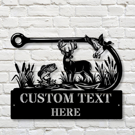Personalized Hunting Fishing Metal Sign, Custom Fish Hook Art, Gift for Dad, Man Cave Wall Decor, Hunter Fisherman Gift, Outdoor Metal Sign