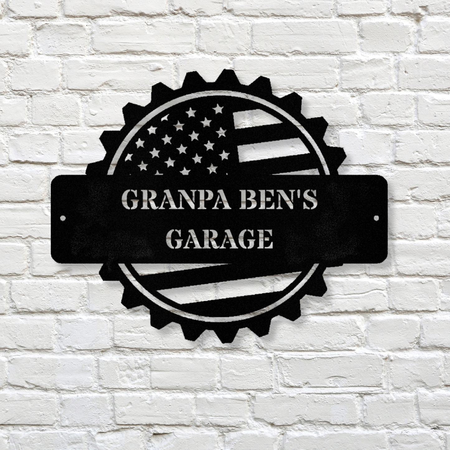 Custom American Flag Workshop Sign, Personalized Garage Sign, Metal Shop Decor, Saw Blade Sign, Gear Wall Art for Christmas Gifts