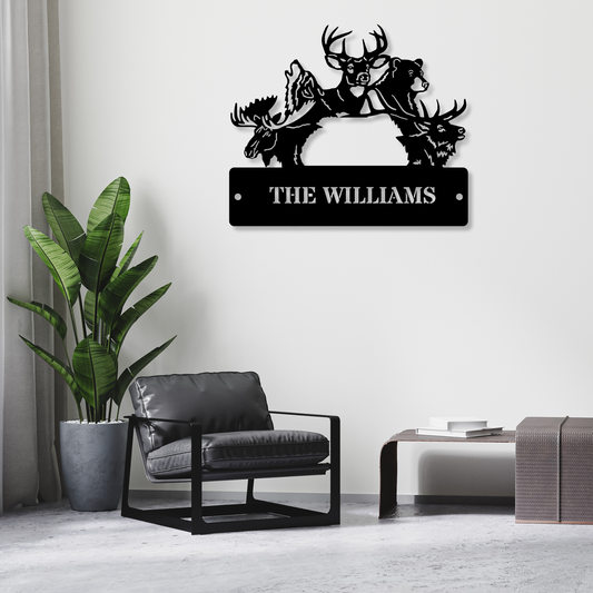 Personalized Hunting Metal Sign, Last Name Wildlife Metal Sign, Elk Wolf Deer Bear Metal Sign, Hunter Husband Sign, Mountain Cabin Wall Decor, Family Name Sign