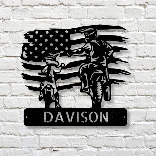 Personalized American  Motocross Family Name Metal Sign, Custom US Flag Motocross Dad And Son Metal Wall Art, Housewarming Gift For A Rider Family, X-Mass Wall Art Decor.