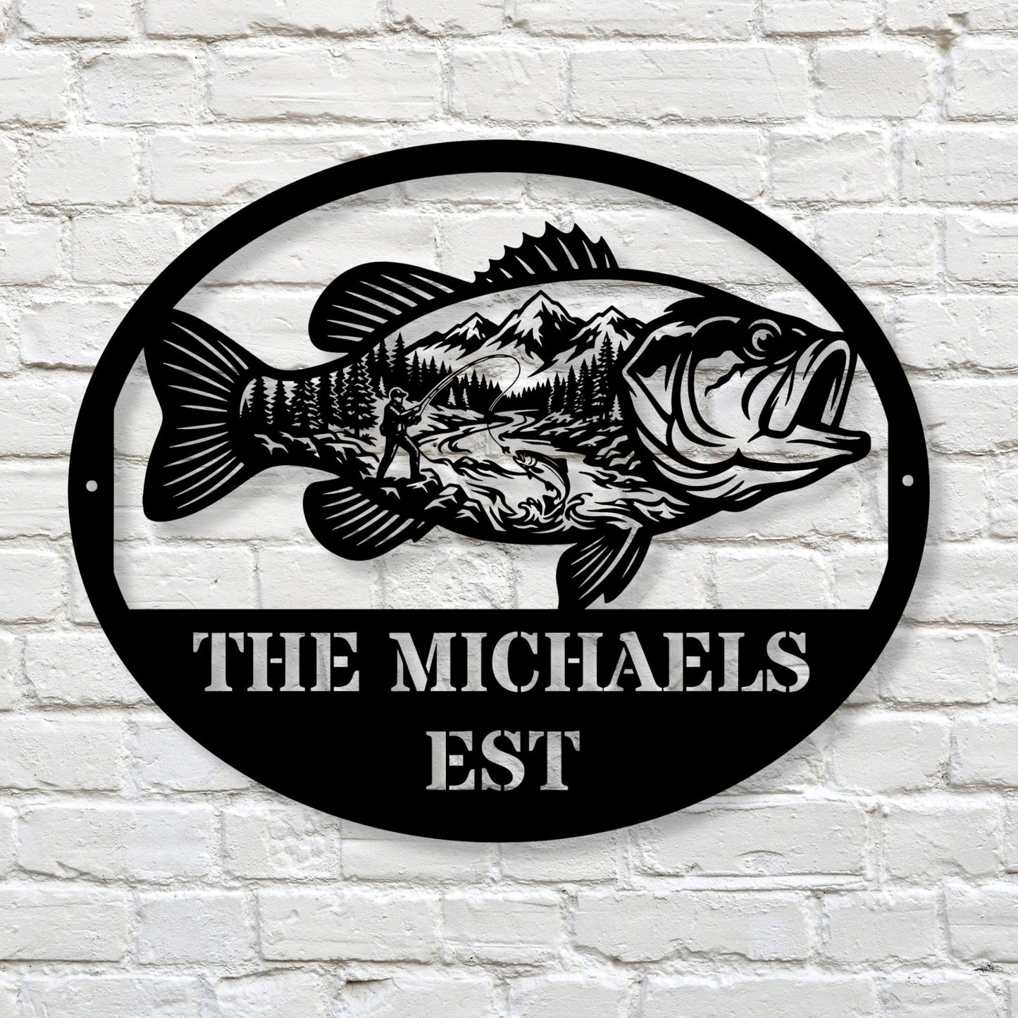 Personalized Fish Metal Wall Art Mountain Landscape Decor, Custom Family Name Sign, Lake House Decor, Fisherman Gift, Cabin Metal Sign