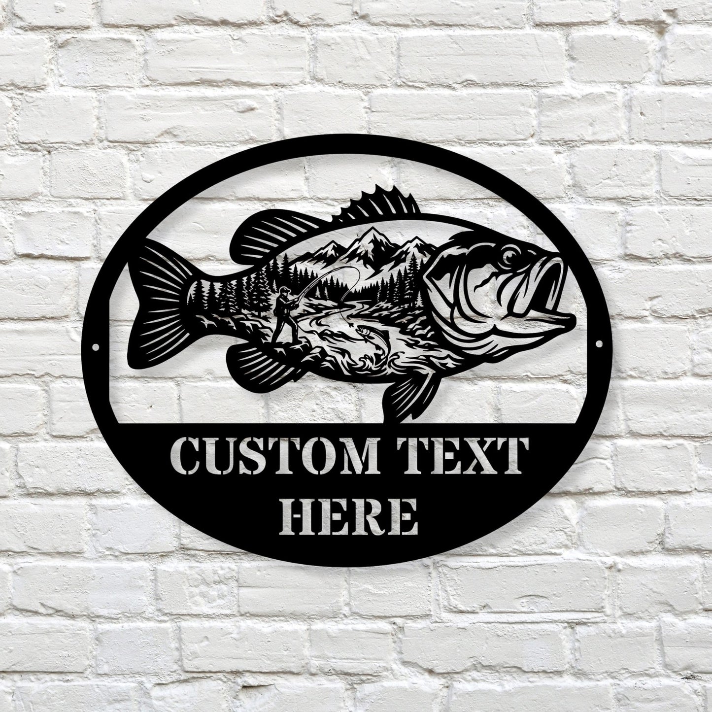 Personalized Fish Metal Wall Art Mountain Landscape Decor, Custom Family Name Sign, Lake House Decor, Fisherman Gift, Cabin Metal Sign