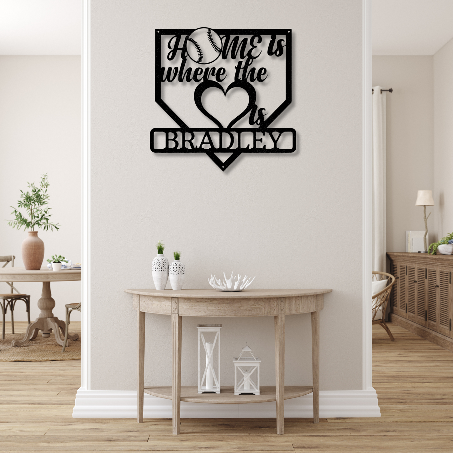 Personalized Home Plate Metal Sign, Heart Name Baseball Metal Sign, Customized Family Name Sign, Kids Room Wall Decor