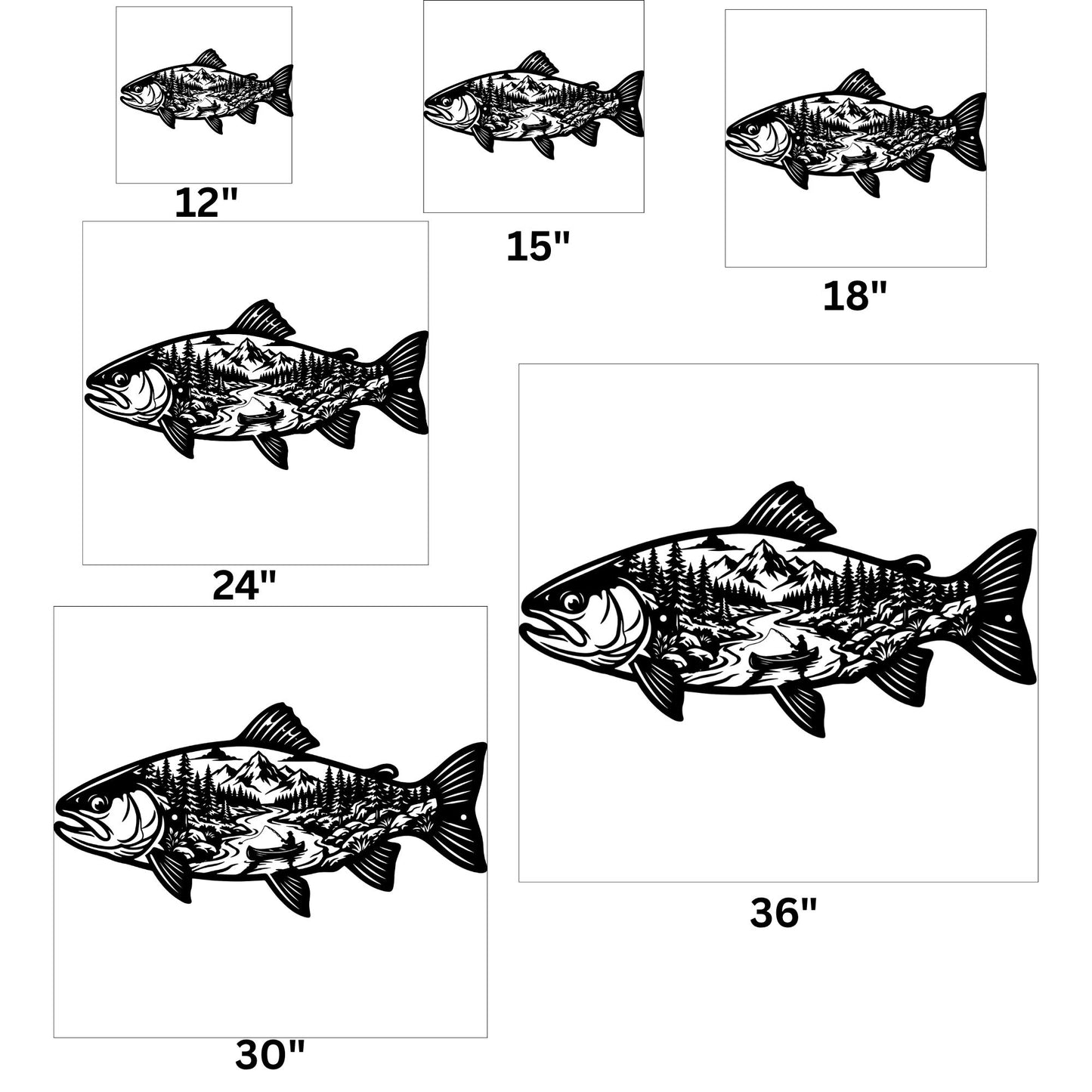 Fish Metal Wall Art Mountain Landscape Decor, Lake House Signs, Fisherman Gift, Cabin Wall Decor, Outdoor Nature Metal Signs, River Art