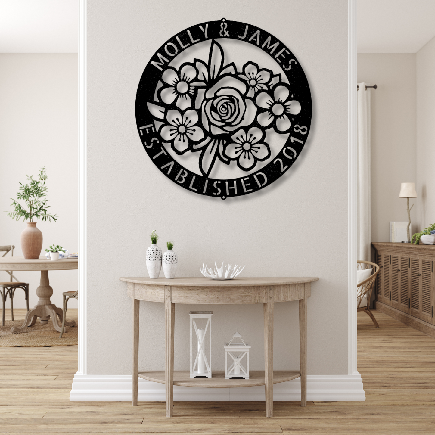 Personalized Floral Ring Metal Steel Sign, Custom Name Floral Monogram For Newly Weds, Anniversary Gift , Housewarming Gifts, Wedding Gift