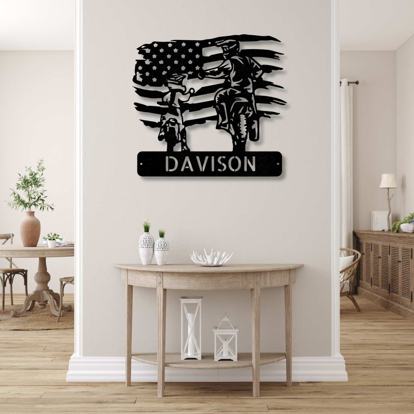 Personalized American  Motocross Family Name Metal Sign, Custom US Flag Motocross Dad And Son Metal Wall Art, Housewarming Gift For A Rider Family, X-Mass Wall Art Decor.