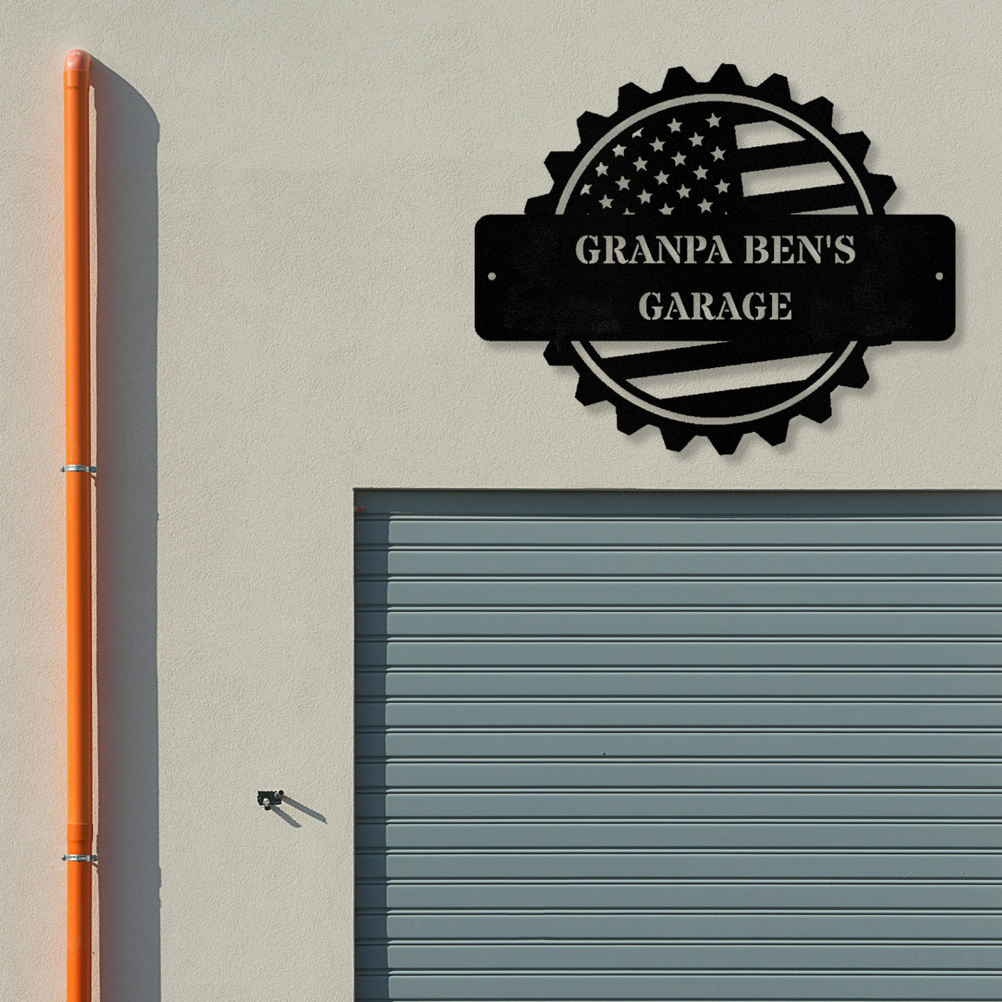 Custom American Flag Workshop Sign, Personalized Garage Sign, Metal Shop Decor, Saw Blade Sign, Gear Wall Art for Christmas Gifts