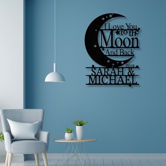 Custom Moon and Back Couple Name Metal Sign, Personalized Romantic Wall Art Decor, Anniversary Gift For Married Couple, Wedding Gift For Newly Weds.