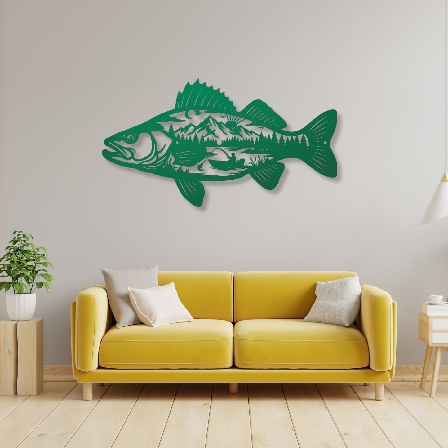 Metal Fish Wall Art Mountain Scene, Fisherman Gift for Men, Lake House Decor, Bass Metal Sign, Cabin Wall Art, Outdoorsman Gift for Dad
