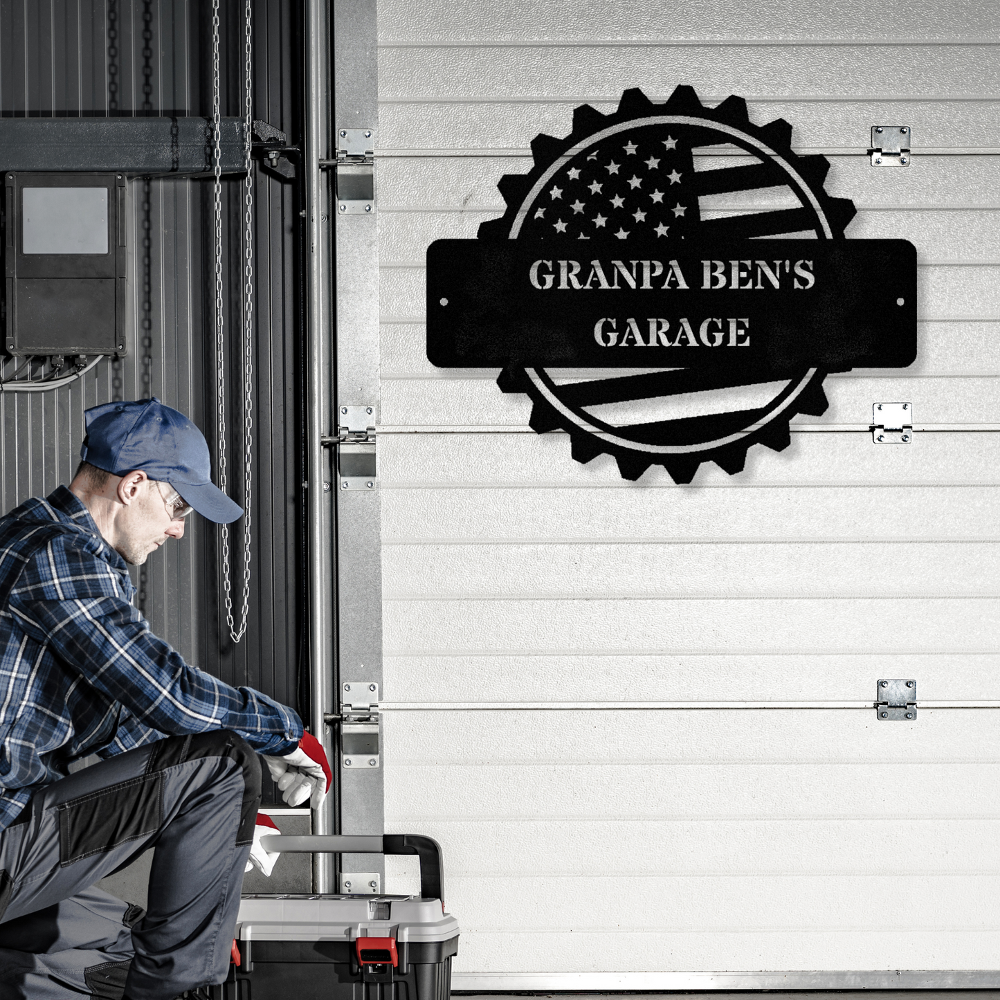 Custom American Flag Workshop Sign, Personalized Garage Sign, Metal Shop Decor, Saw Blade Sign, Gear Wall Art for Christmas Gifts