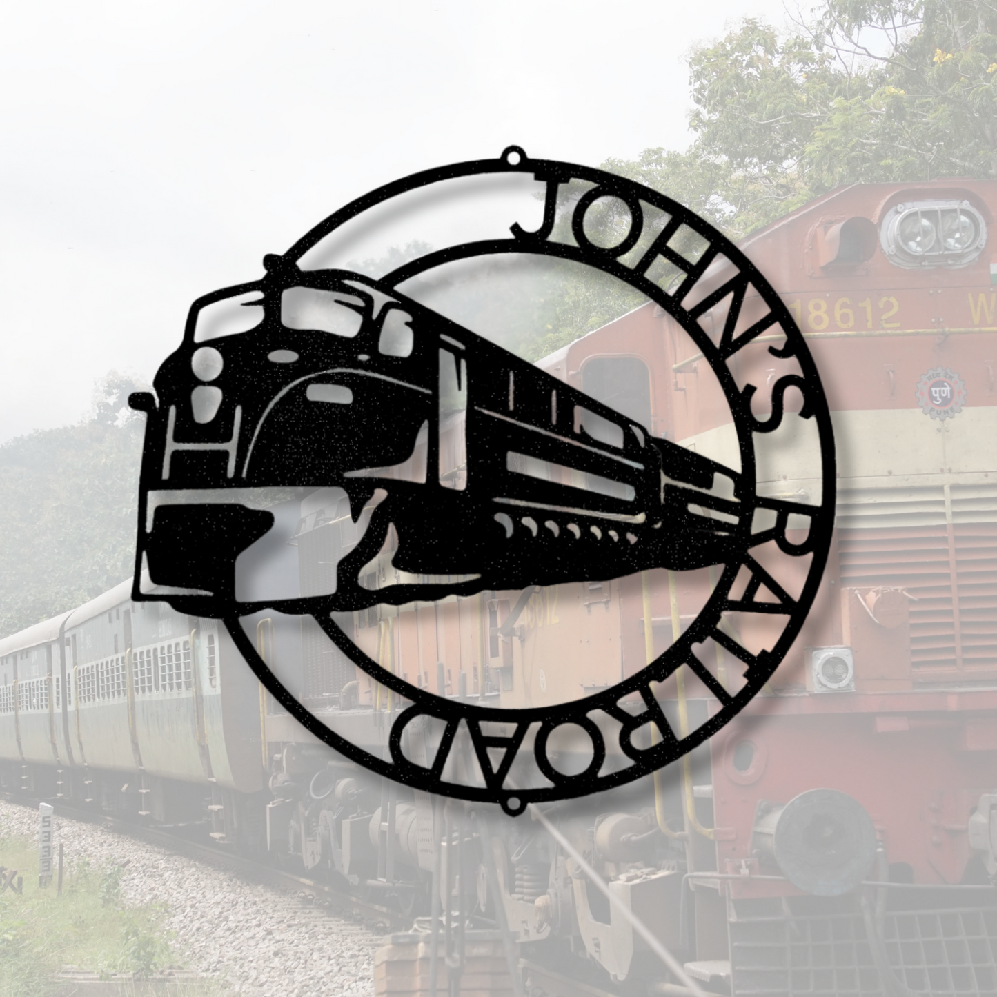 Modern Train Ring Monogram Metal Sign, Personalized Train Sign, Custom Name Sign, Family Name Metal Sign, Train Lover Gift, Home and Living