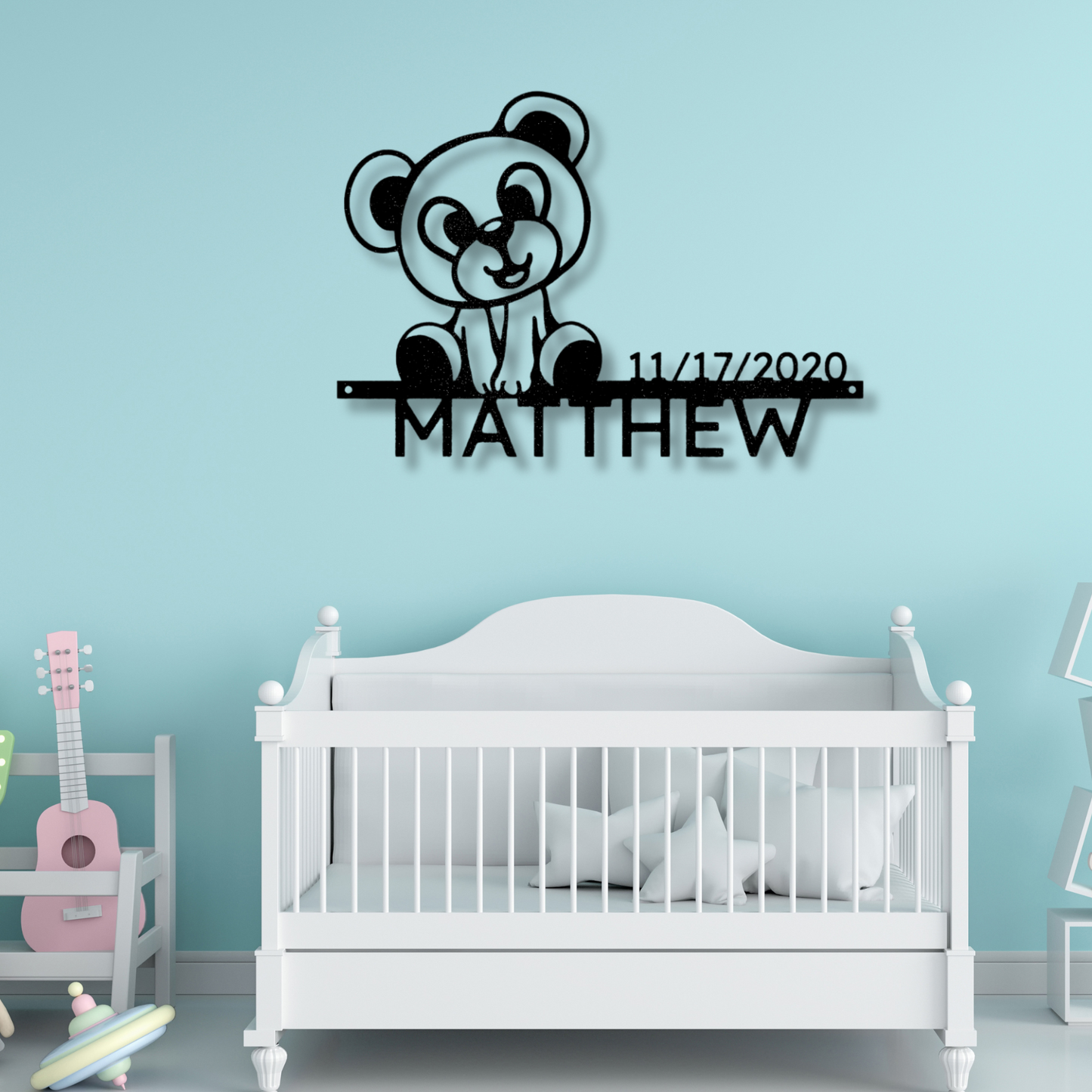 Teddy Name Date Metal Sign, Baby Shower Gifts, Kids Room Wall Decor, Above Crib Sign, Daughter Gifts, Birthday Gifts, Kids Playroom Decor