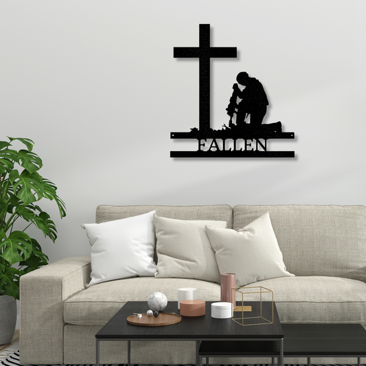Kneeling Soldier Monogram Metal Sign, Cross Metal Sign, Veteran Gift, Fallen Soldier Gift, Religious Gift, Living Room Decor, Army Navy Gift