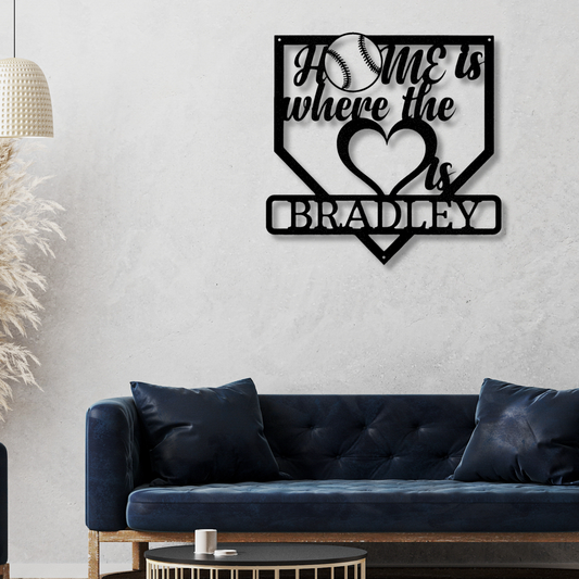 Personalized Home Plate Metal Sign, Heart Name Baseball Metal Sign, Customized Family Name Sign, Kids Room Wall Decor