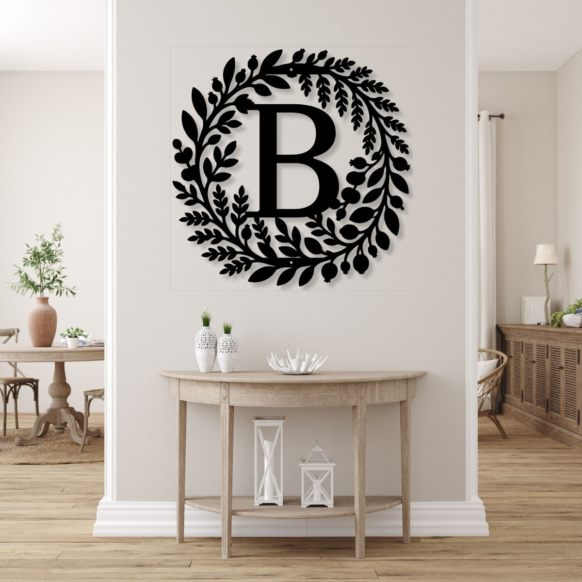 Personalized Initial Monogram Metal Wall Art with Botanical Wreath, Custom Monogram Metal Sign, Letter Wall Hanging, Family Monogram Decor