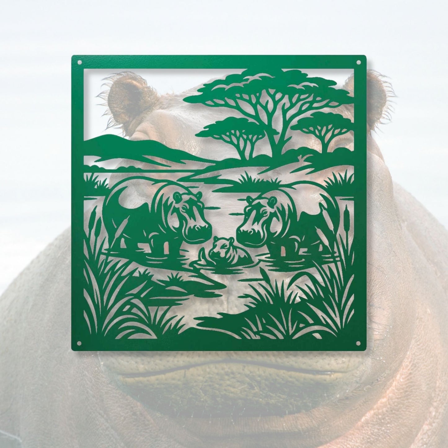 Savannah Hippo Metal Art, African Safari Wall Decor, Hippopotamus Silhouette Sign, Housewarming Gift for Wildlife Lovers, Serengeti River Scene