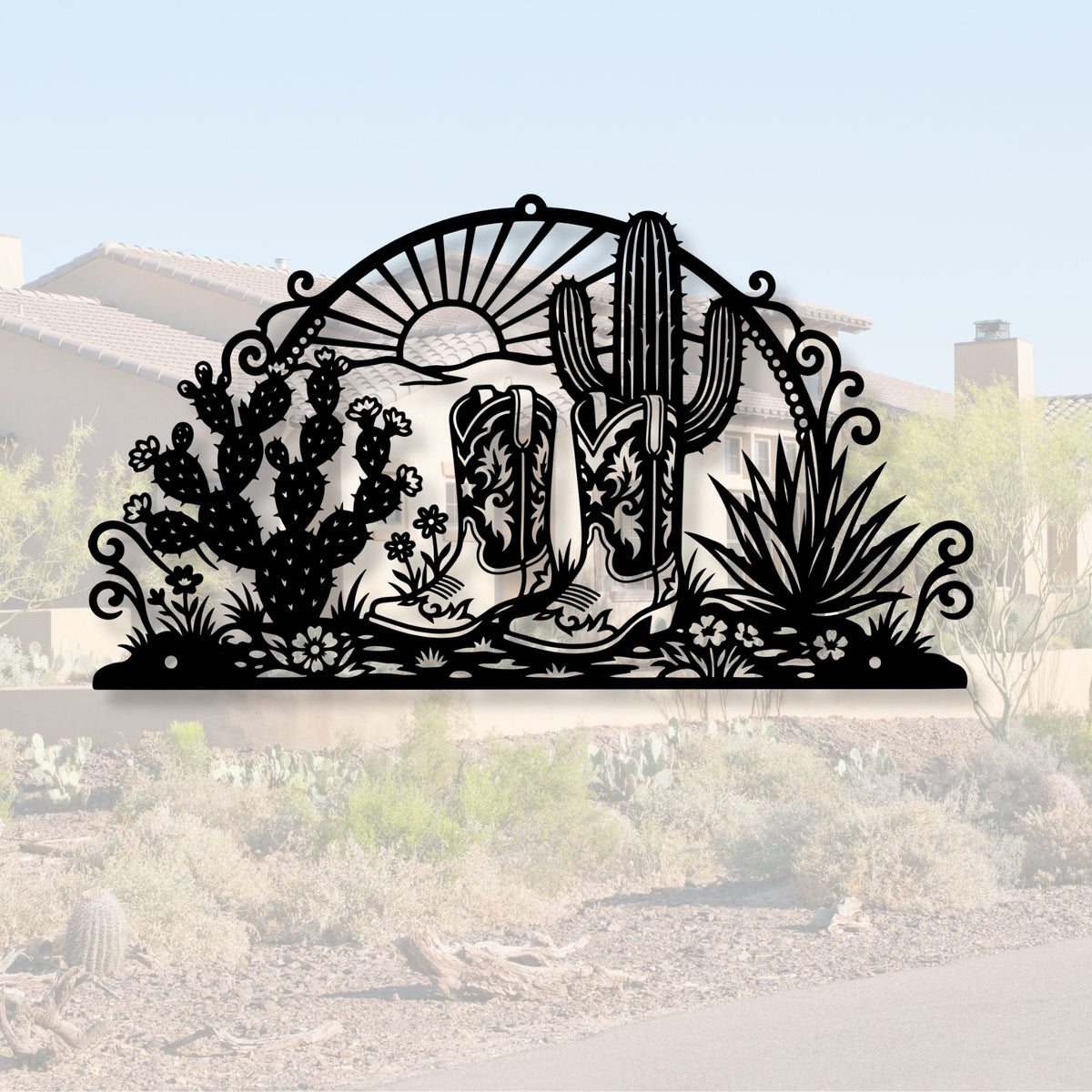 Western Cowboy Boots Metal Wall Art, Desert Cacti Scene Sign, Rustic Country Decor, Southwestern Outdoor Patio Sign, Ranch House Gift