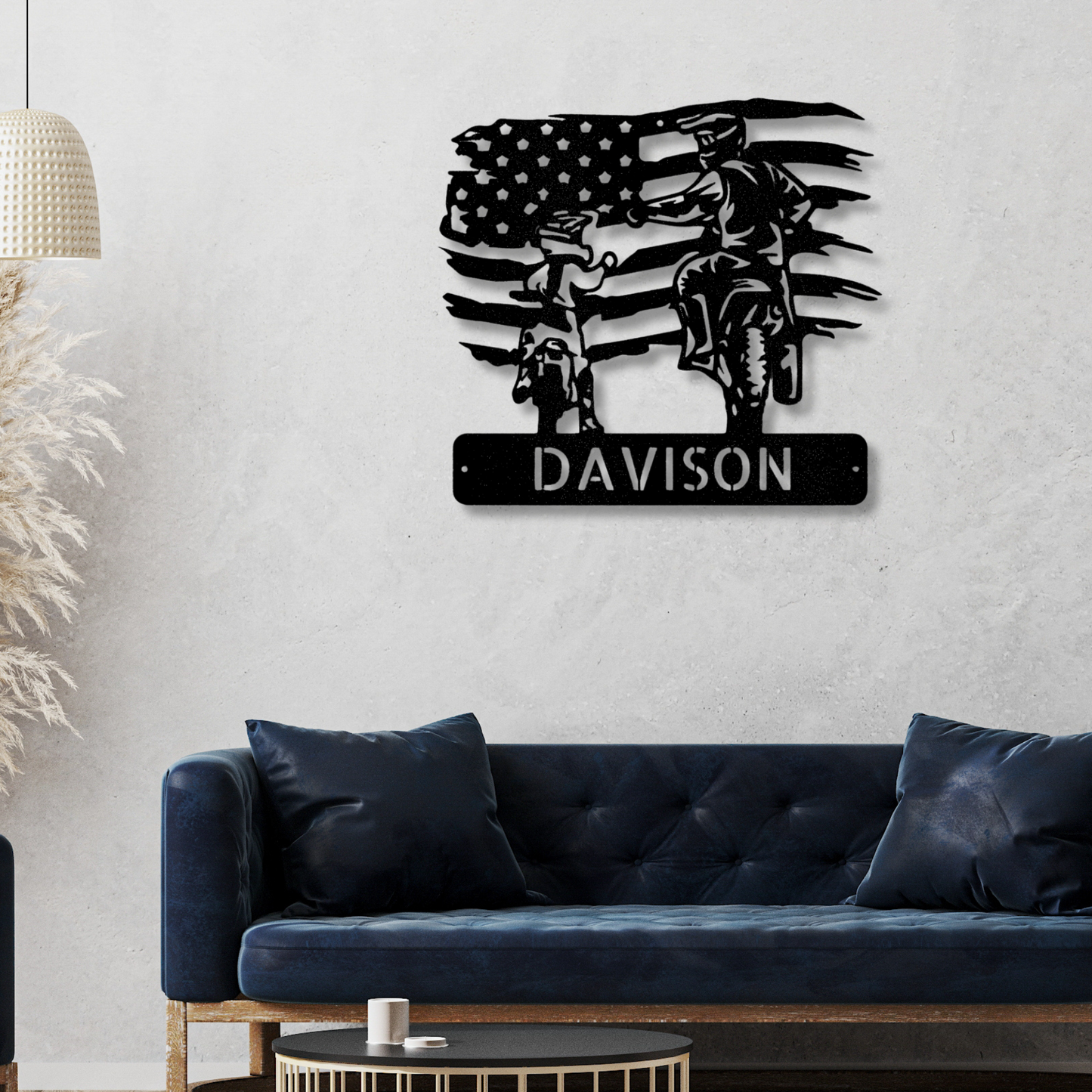 Personalized American  Motocross Family Name Metal Sign, Custom US Flag Motocross Dad And Son Metal Wall Art, Housewarming Gift For A Rider Family, X-Mass Wall Art Decor.