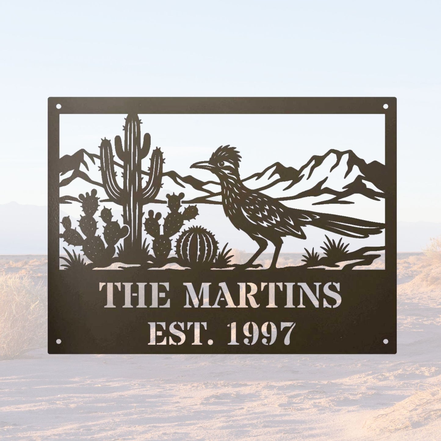 Personalized Roadrunner Metal Sign, Custom Desert Name Sign, Est Date Monogram, Outdoor Cabin Sign, Southwestern Front Porch Decor, Gift