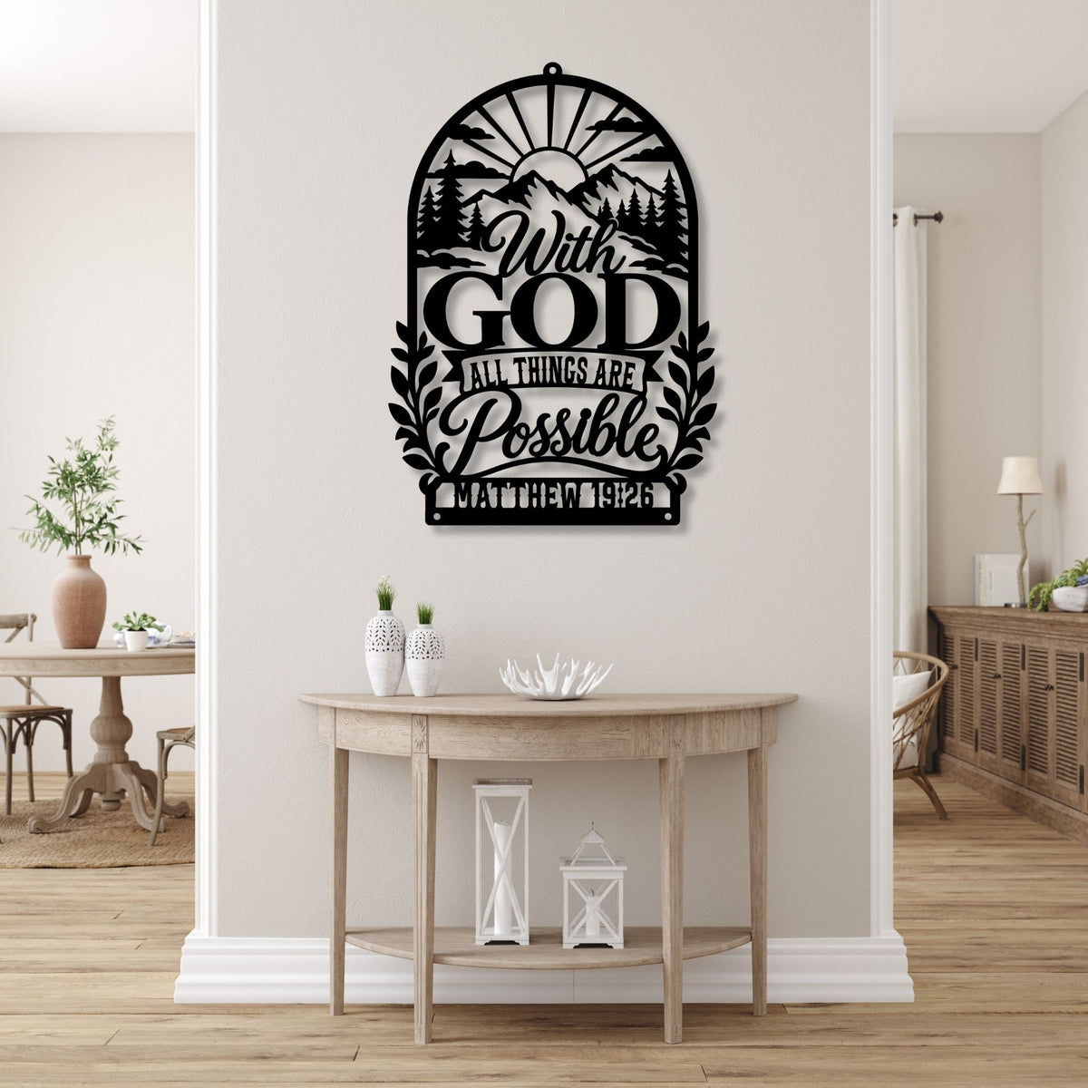 With God All Things Are Possible Metal Wall Art, Matthew 19 26 Bible Verse Sign, Mountain Nature Christian Decor, Scripture Wall Hanging