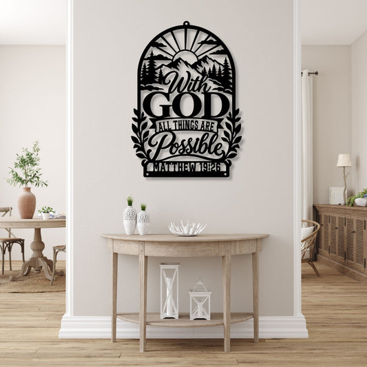 With God All Things Are Possible Metal Wall Art, Matthew 19 26 Bible Verse Sign, Mountain Nature Christian Decor, Scripture Wall Hanging