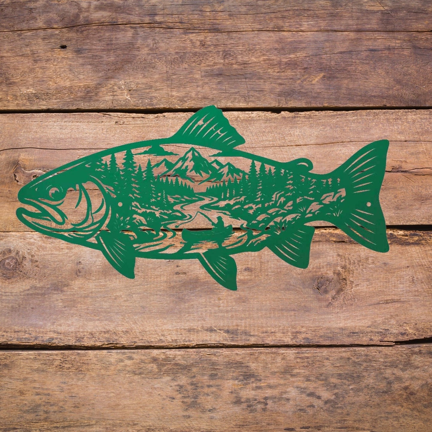 Fish Metal Wall Art Mountain Landscape Decor, Lake House Signs, Fisherman Gift, Cabin Wall Decor, Outdoor Nature Metal Signs, River Art