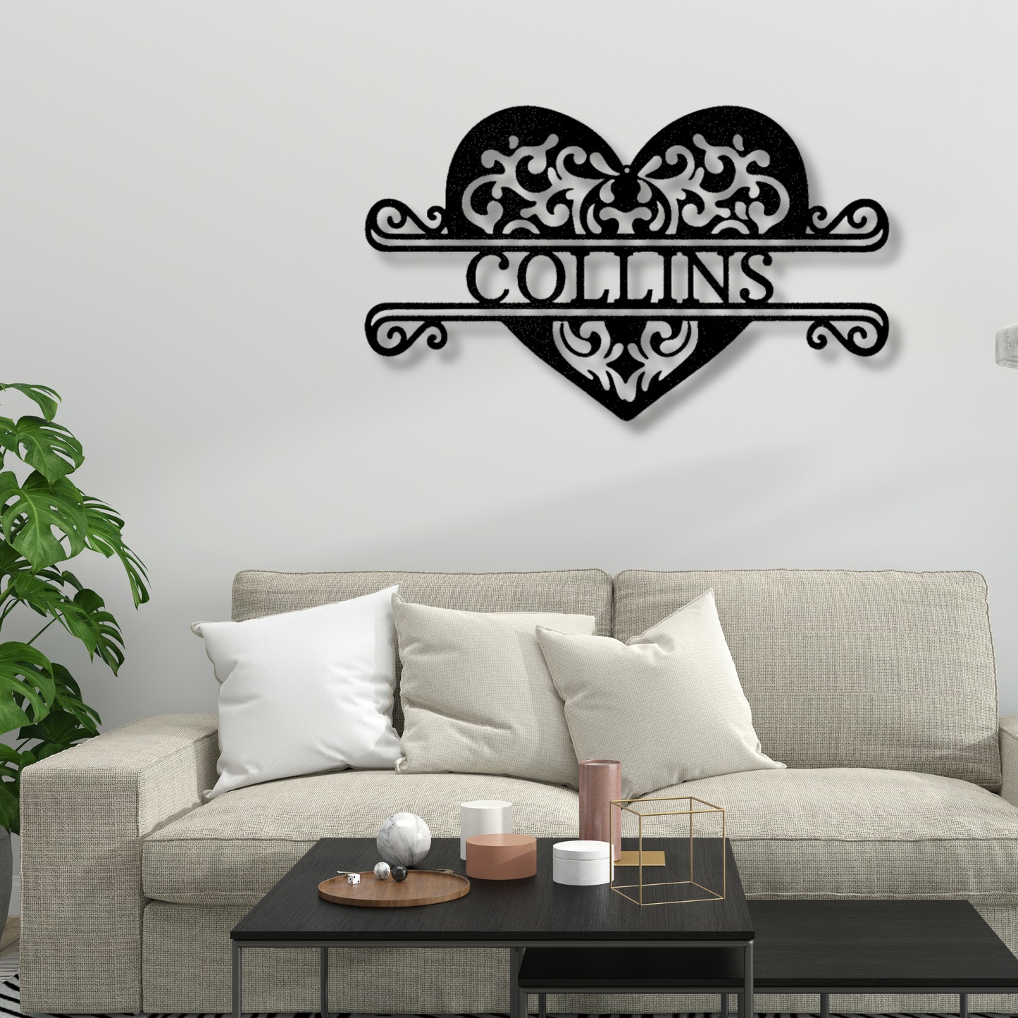 Custom Fancy Heart Metal Steel Sign, Personalized Name Fancy Heart Monogram, Living Room Wall Art, Housewarming Gift,