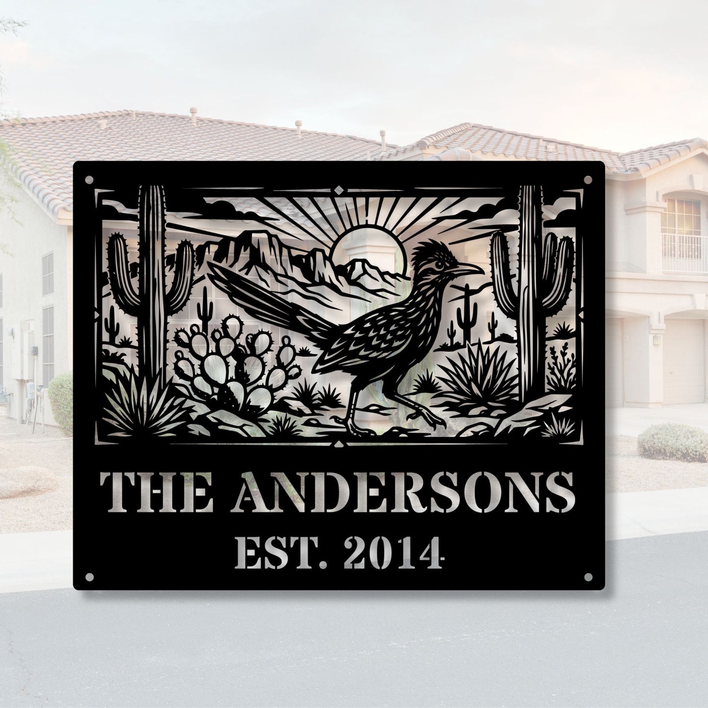 Personalized Family Name Est Sign, Custom Road Runner Metal Sign, Southwest Wedding Gift, Unique Anniversary Gift, Last Name Metal Wall Art