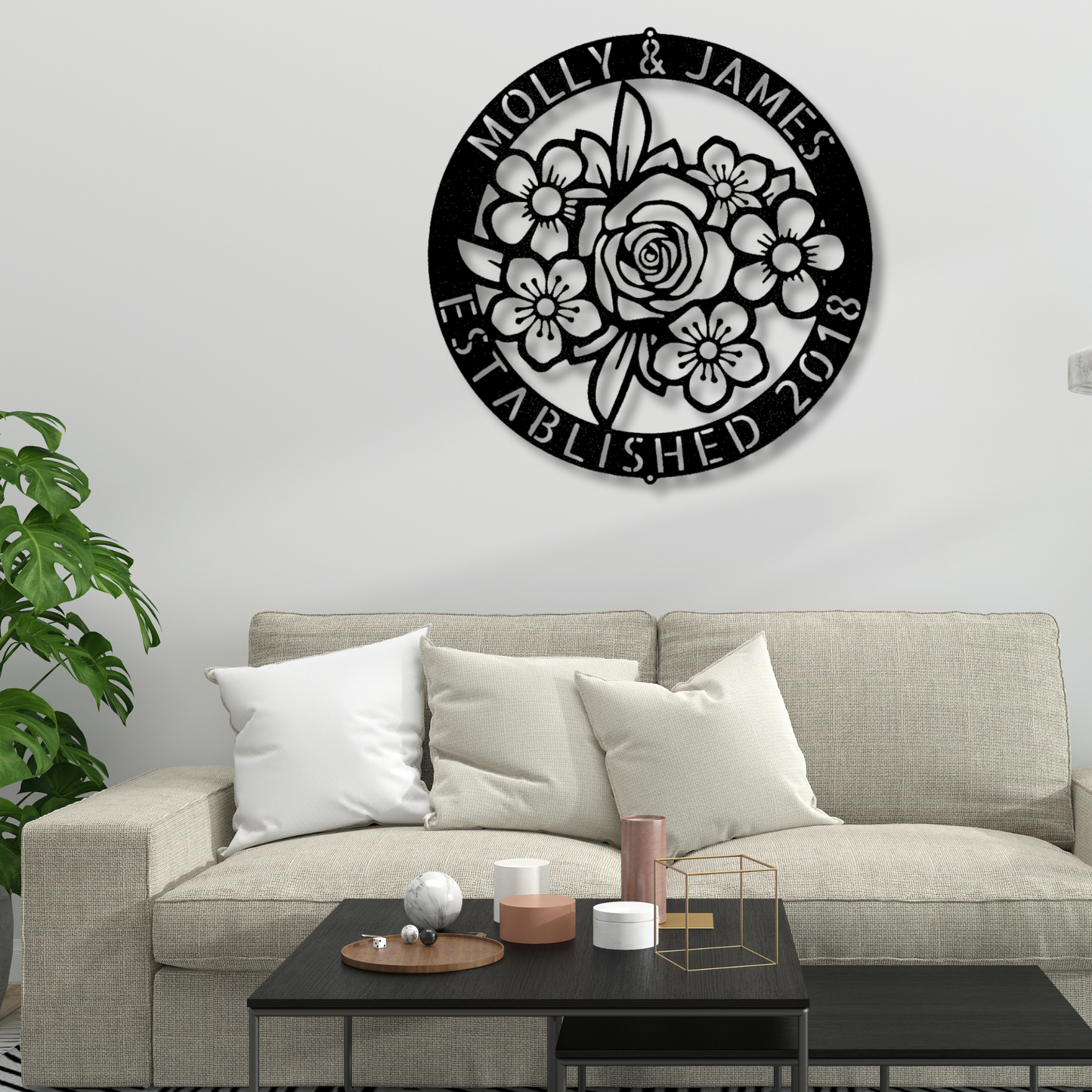 Personalized Floral Ring Metal Steel Sign, Custom Name Floral Monogram For Newly Weds, Anniversary Gift , Housewarming Gifts, Wedding Gift