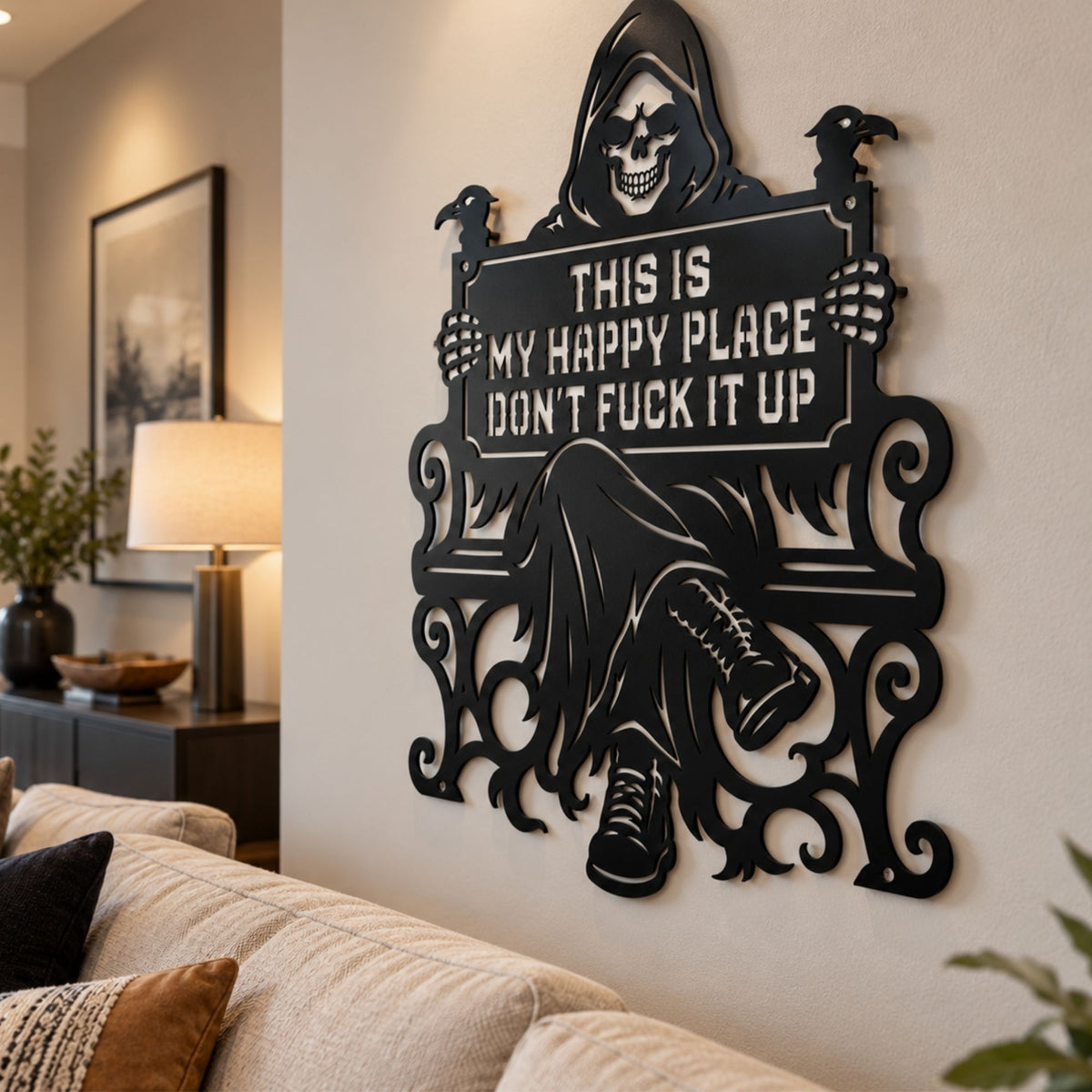 Grim Reaper Metal Wall Art This Is My Happy Place Halloween Decor Gothic Skull Sign Dark Academia Home Accent