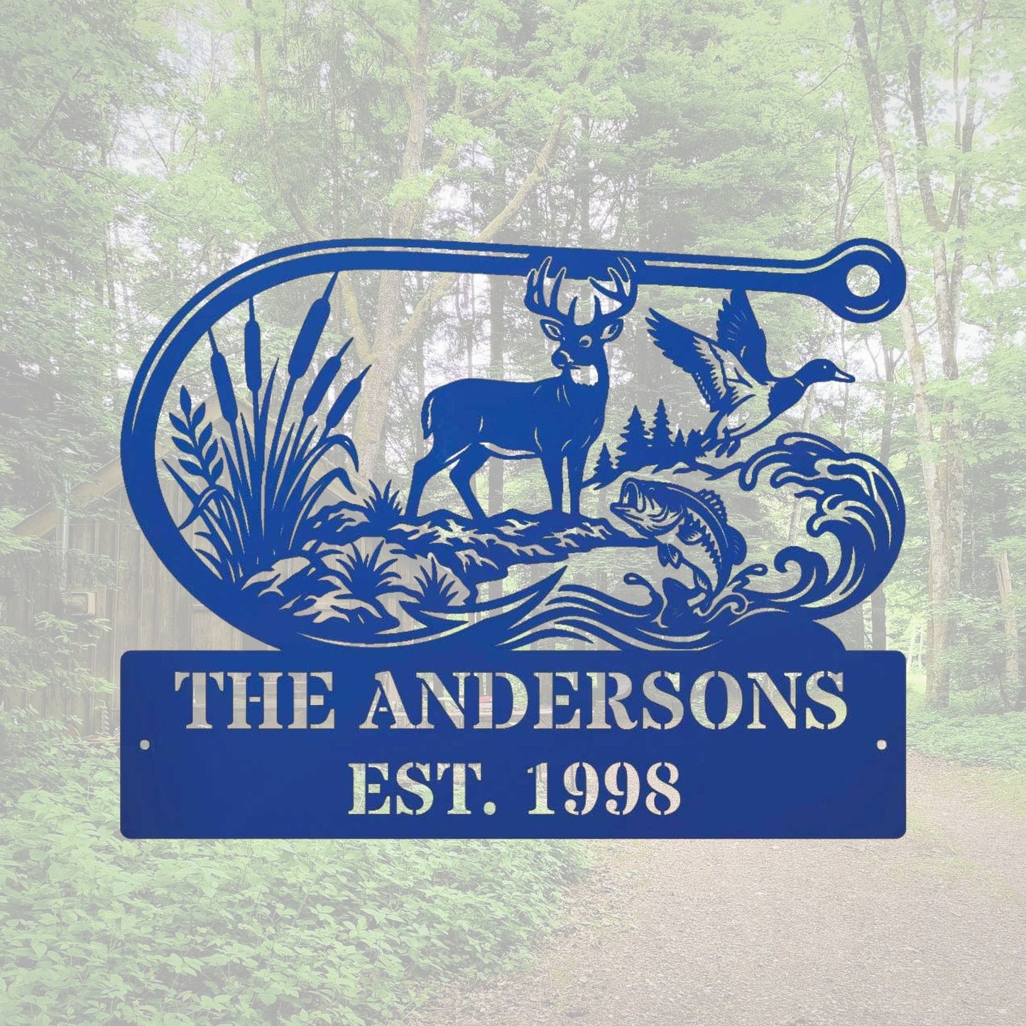 Custom Fishing Hook Metal Sign, Personalized Family Name Plaque, Outdoor Cabin Sign, Lake House Address Marker, Custom Fisherman Gift