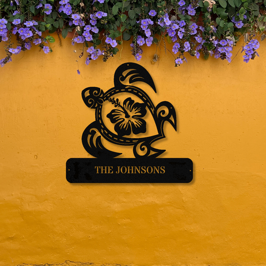 Custom Turtle Metal Wall Decor, Pool Sign, Turtle Hibiscus Flower Metal Art, Family Name Sign, Turtle Wall Hanging, Cabin or Lakehouse Sign