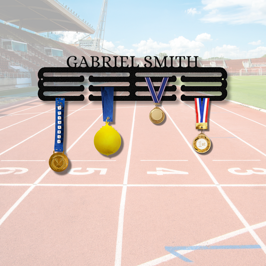 Custom Name Metal Holder, Sports Award Display, 12 Medals and Ribbons Rungs, Wall Hung Medal Display, Personalized Ribbon Medal Display